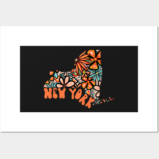 New York State Design | Artist Designed Illustration Featuring New York State Outline Filled With Retro Flowers with Retro Hand-Lettering Posters and Art